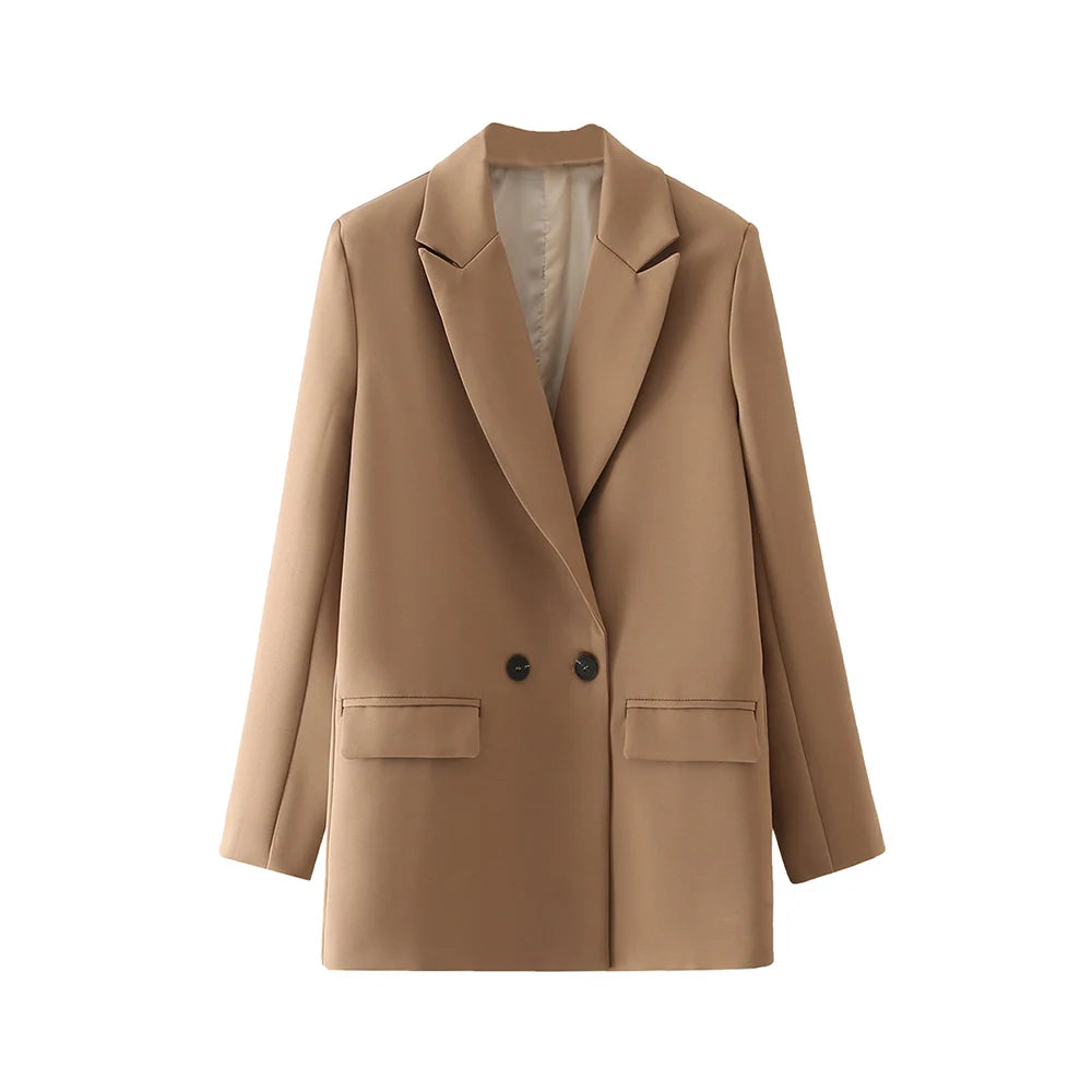 TRZA Women Chic Office Lady Double Breasted Blazer Vintage Coat Fashion Notched Collar Long Sleeve Ladies Outerwear Stylish Tops