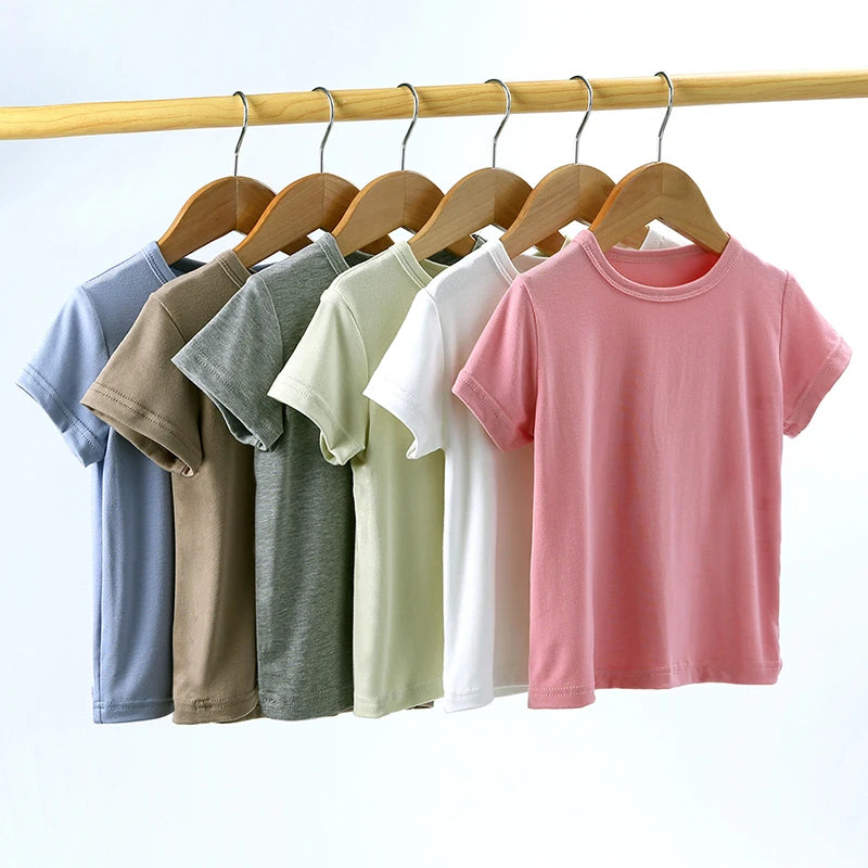 2025 Summer Breathable Kids Boy Girl T-Shirts Clothes Modal Solid Short Sleeve Tops For Infant Baby Tees Children's Clothing