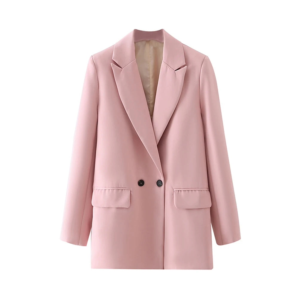 TRZA Women Chic Office Lady Double Breasted Blazer Vintage Coat Fashion Notched Collar Long Sleeve Ladies Outerwear Stylish Tops