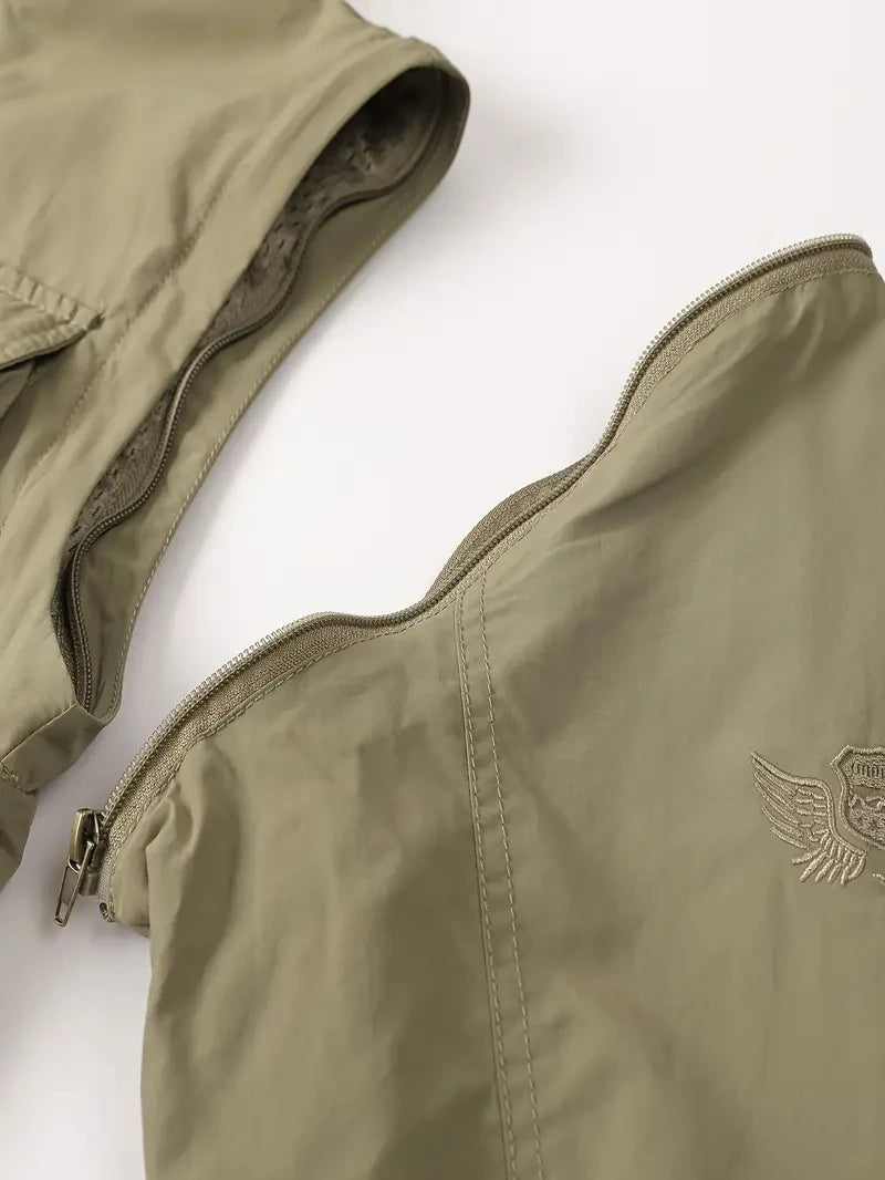 Detachable windproof sleeved hooded jacket suitable for outdoor activities men's casual waterproof multi pocket jacket vest