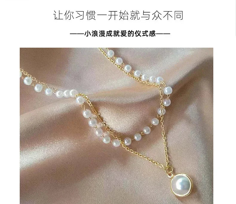 2025 New Women's Pearl Necklace Kpop Gold Color Beads Pendant Necklaces Goth Double Layer Chain Choker for Women Fashion Jewelry