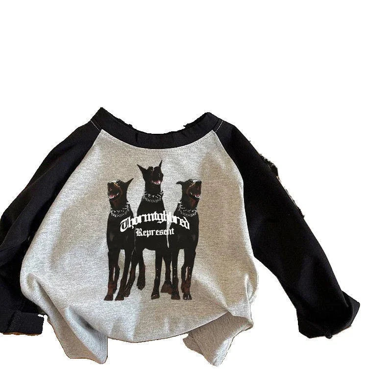 2025 Spring Baby Cartoon Wolf T-Shirts Kids Boys Girls Cotton Long Sleeve Top Clothes For 1-8Y Children'S Casual Outfit Pullover