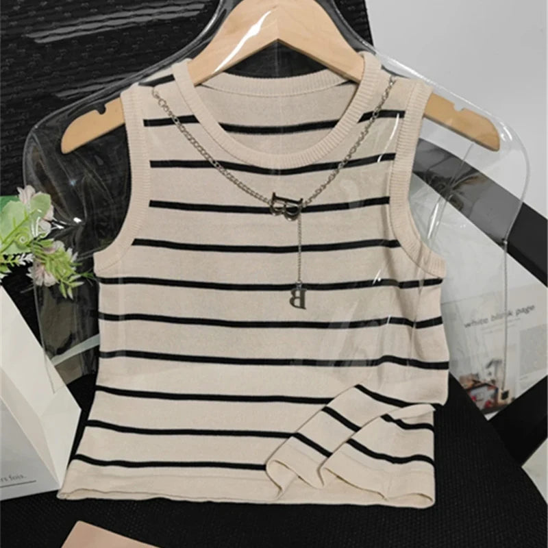 New 2024 Basic Bottoming Striped Chain Elasticity Vests Women Tank & Camis Autumn Winter Wild Crop Short Tops