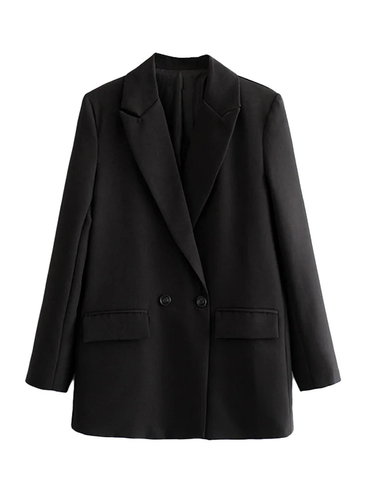 TRZA Women Chic Office Lady Double Breasted Blazer Vintage Coat Fashion Notched Collar Long Sleeve Ladies Outerwear Stylish Tops