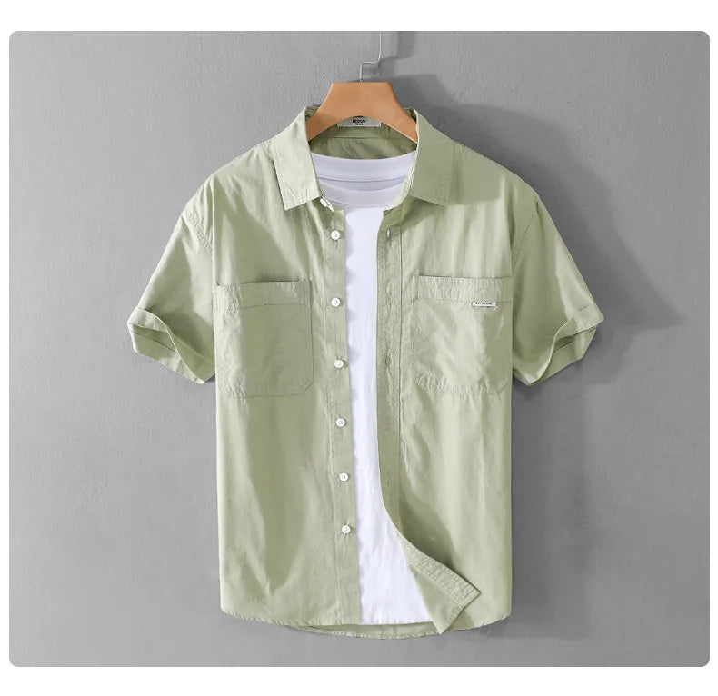 Summer Men's Casual Short Sleeve Comfortable Shirt 100% Cotton Sold Color Loose Simple Male Workwear Versatile Youth Fresh Shirt