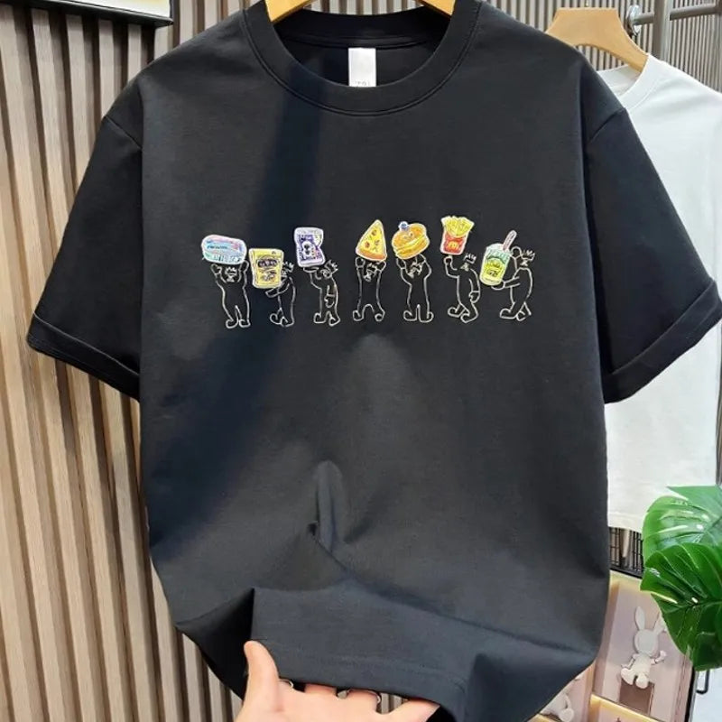 Hot Sale Summer Mens Fashion High Street Cartoon Patch Embroidery T Shirts Loose Fit Tees O Neck Short Sleeve Casual 2025 New