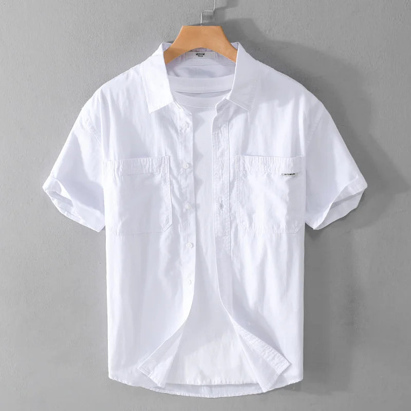 Summer Men's Casual Short Sleeve Comfortable Shirt 100% Cotton Sold Color Loose Simple Male Workwear Versatile Youth Fresh Shirt