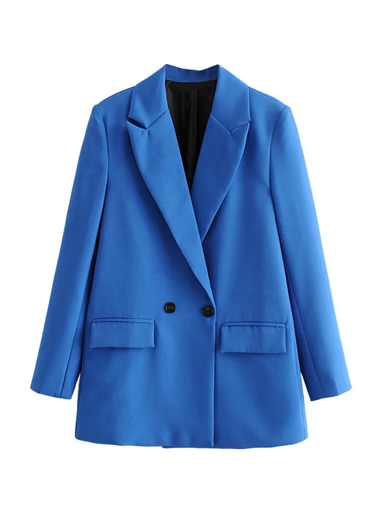 TRZA Women Chic Office Lady Double Breasted Blazer Vintage Coat Fashion Notched Collar Long Sleeve Ladies Outerwear Stylish Tops
