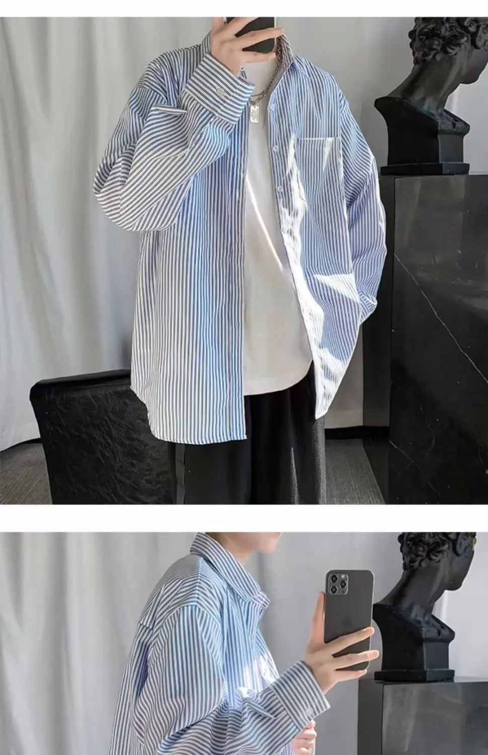 Japanese striped long-sleeved shirt boys simple trend literary fan lining clothes spring and autumn casual coat couple...