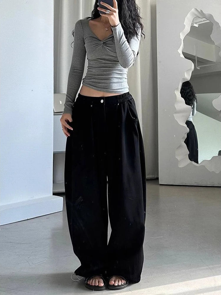 American Vintage Sweatpants Women Simple Classic Stretch High Waist Trousers Loos Lazy Jazz Hip Hop Dance Wide Leg Pants