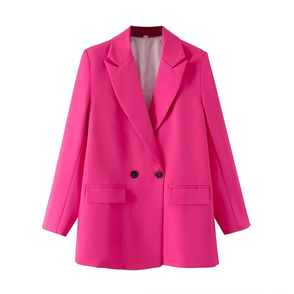 TRZA Women Chic Office Lady Double Breasted Blazer Vintage Coat Fashion Notched Collar Long Sleeve Ladies Outerwear Stylish Tops