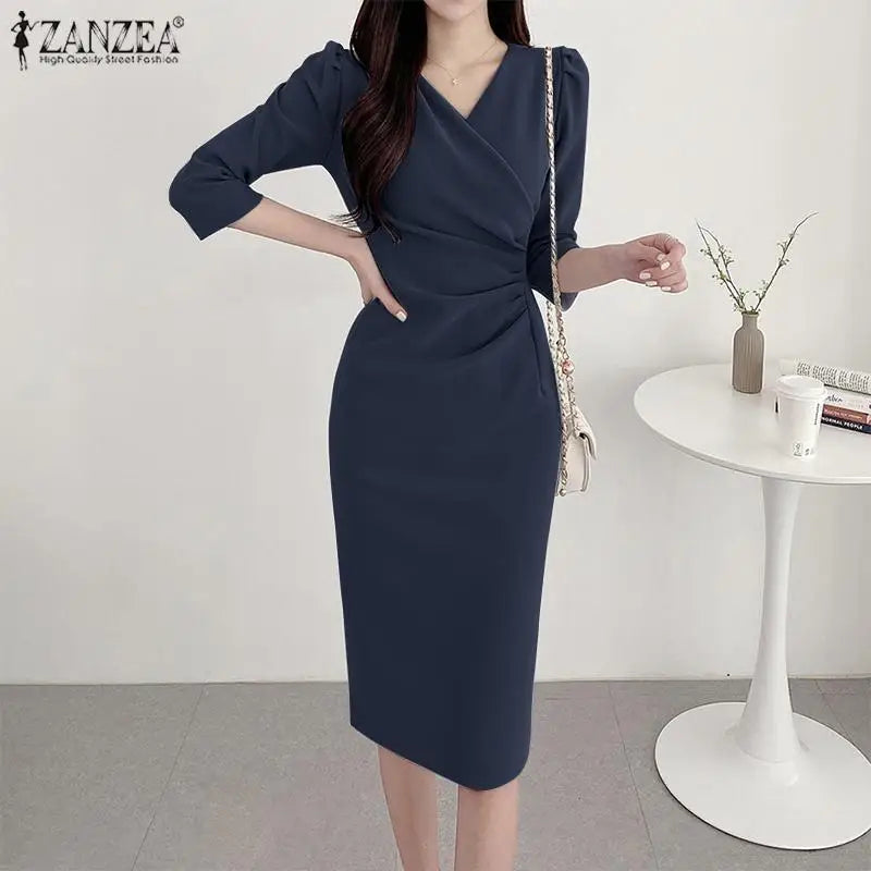 ZANZEA Summer Fashion Womens Dress Sexy Solid Color Knee Length Bodycon Sundress Elegant 3/4 Sleeve V-Neck Work OL Vestidos 2025