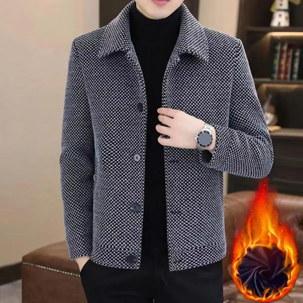 Men Jacket Solid Color Lapel Long Sleeve Men Outerwear Thickened Plush Lining Single-Breasted Casual Coat For Autumn Winter