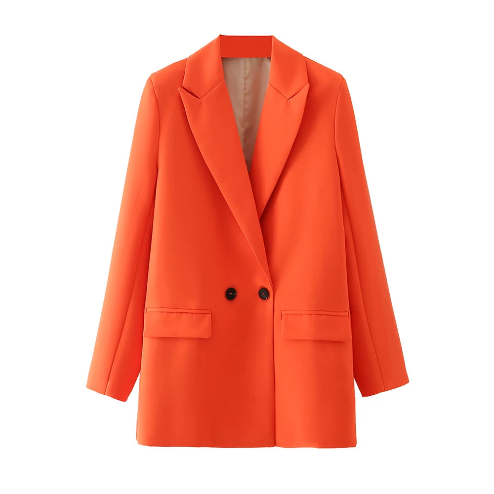TRZA Women Chic Office Lady Double Breasted Blazer Vintage Coat Fashion Notched Collar Long Sleeve Ladies Outerwear Stylish Tops