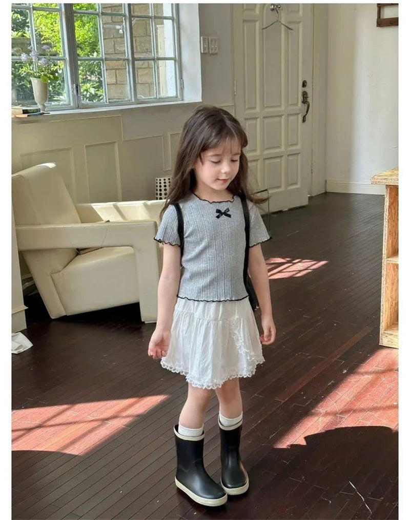 Girl Baby Thin Knit Ruffle Lace Short Sleeve T-shirts 2025 Summer New Girls Kids Bow Tops Sweet Cute Student Children Clothing