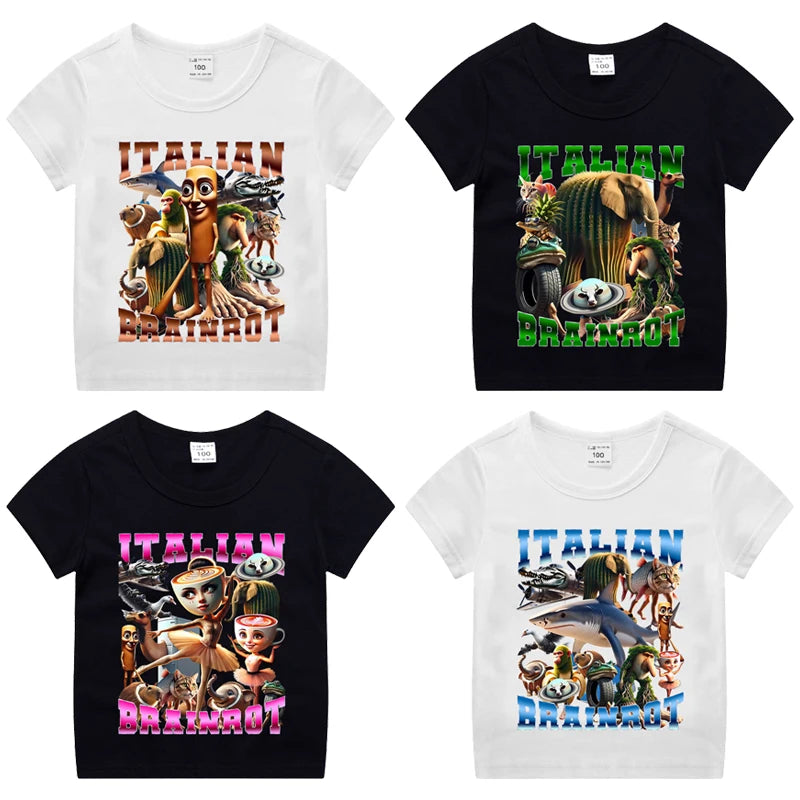 Italian Brainrot Kids Cotton T-shirt Tung Tung Tung Sahur Tee Tralalero Tralala Summer Clothes Funny Meme Children Cute Top Gift