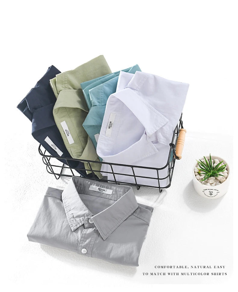 Summer Men's Casual Short Sleeve Comfortable Shirt 100% Cotton Sold Color Loose Simple Male Workwear Versatile Youth Fresh Shirt