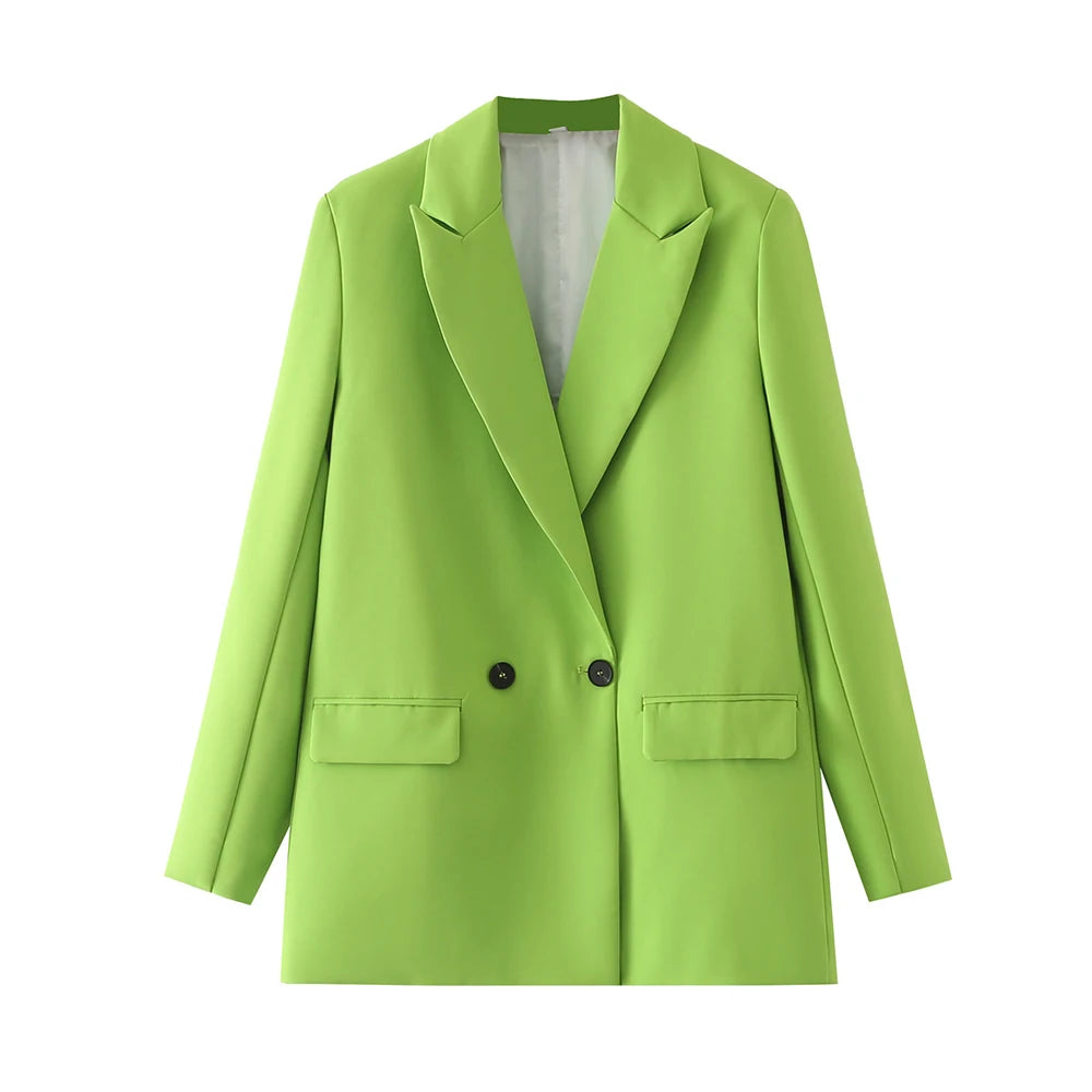 TRZA Women Chic Office Lady Double Breasted Blazer Vintage Coat Fashion Notched Collar Long Sleeve Ladies Outerwear Stylish Tops