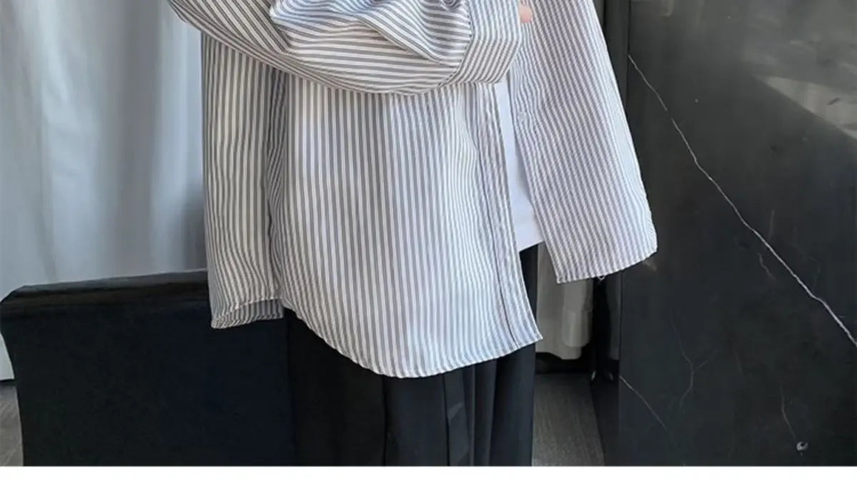 Japanese striped long-sleeved shirt boys simple trend literary fan lining clothes spring and autumn casual coat couple...