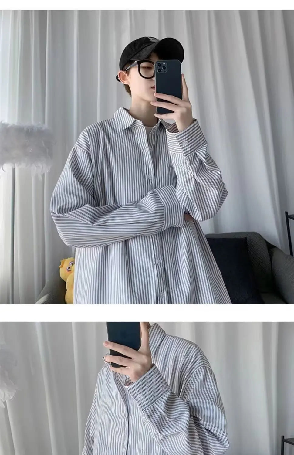 Japanese striped long-sleeved shirt boys simple trend literary fan lining clothes spring and autumn casual coat couple...