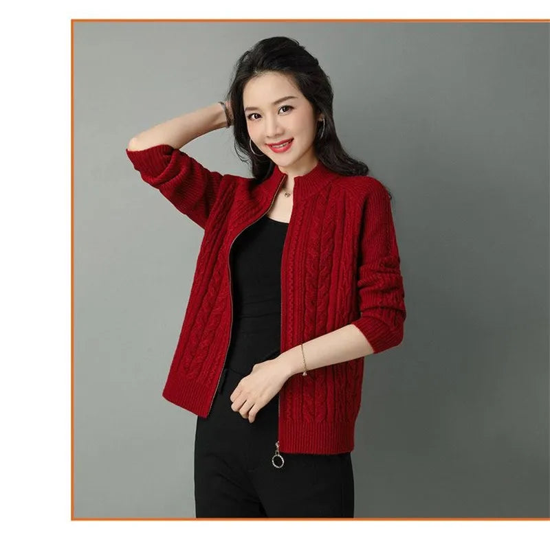 2025 Half High Collar Zipper Knitted Cardigan Jacket Women fall New korean Style long Sleeve Cardigans Thicken Sweater Coat