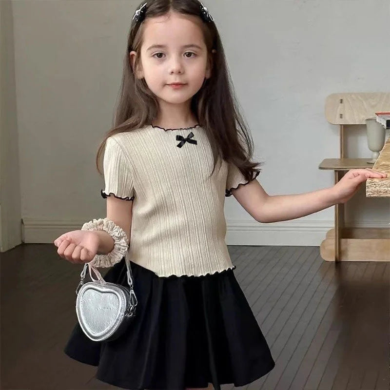 Girl Baby Thin Knit Ruffle Lace Short Sleeve T-shirts 2025 Summer New Girls Kids Bow Tops Sweet Cute Student Children Clothing