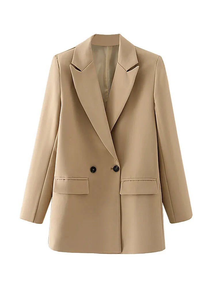 TRZA Women Chic Office Lady Double Breasted Blazer Vintage Coat Fashion Notched Collar Long Sleeve Ladies Outerwear Stylish Tops