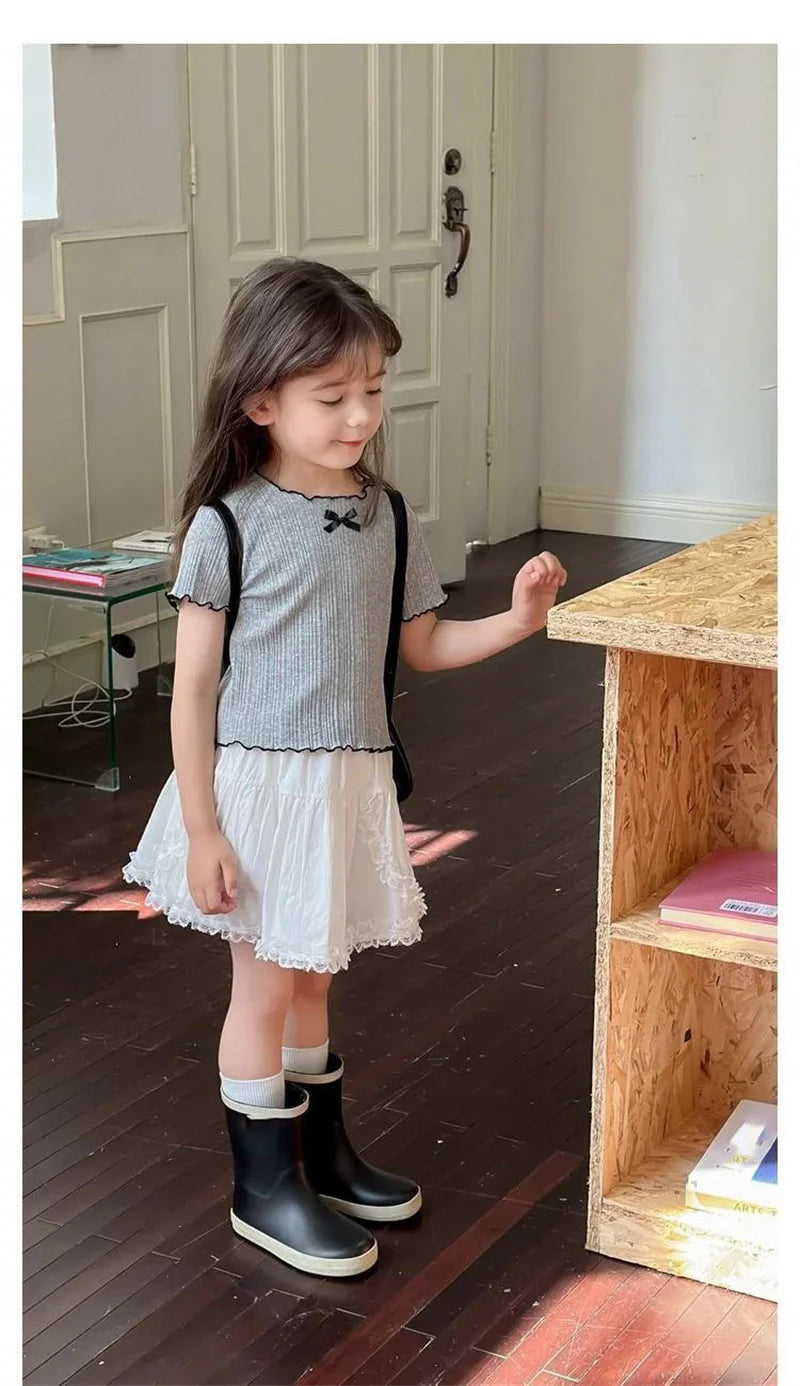 Girl Baby Thin Knit Ruffle Lace Short Sleeve T-shirts 2025 Summer New Girls Kids Bow Tops Sweet Cute Student Children Clothing