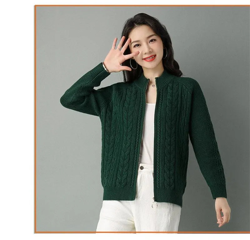 2025 Half High Collar Zipper Knitted Cardigan Jacket Women fall New korean Style long Sleeve Cardigans Thicken Sweater Coat