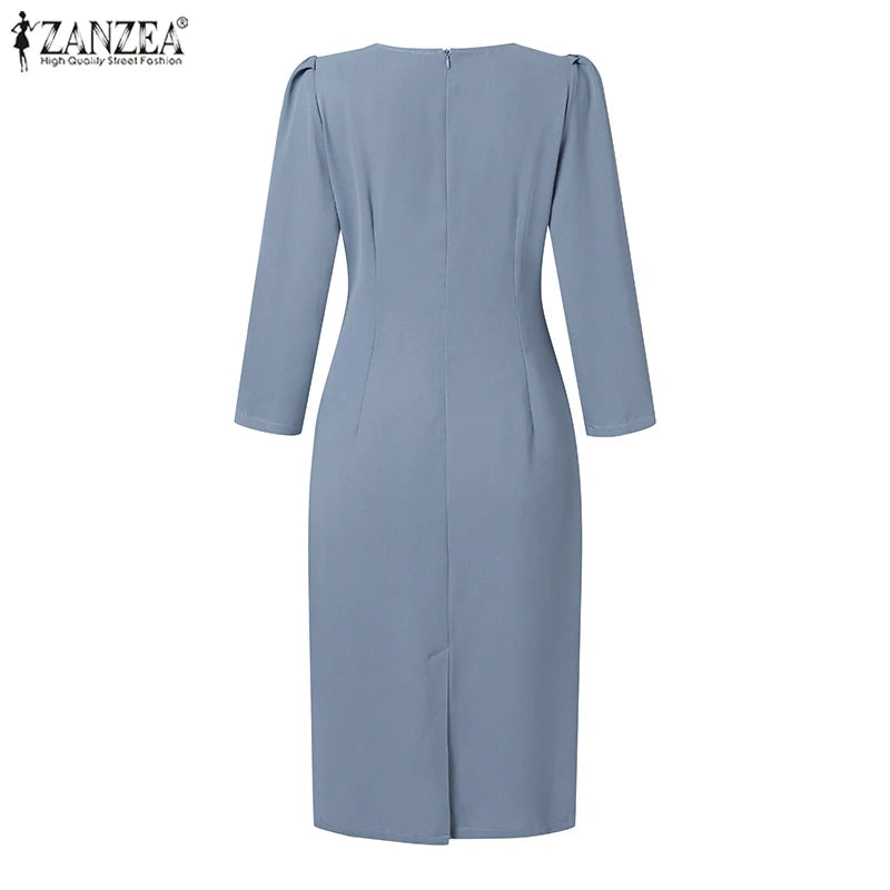 ZANZEA Summer Fashion Womens Dress Sexy Solid Color Knee Length Bodycon Sundress Elegant 3/4 Sleeve V-Neck Work OL Vestidos 2025