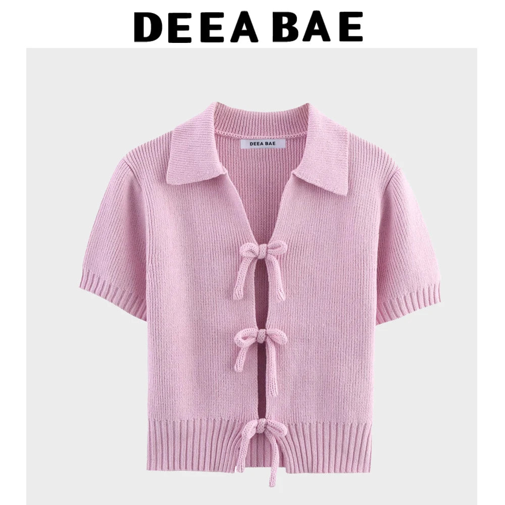 DEEABAE Women's Korean Casual Style Sweet And Pure Desire Bow Decoration Knitted Short Sleeved Lapel Top