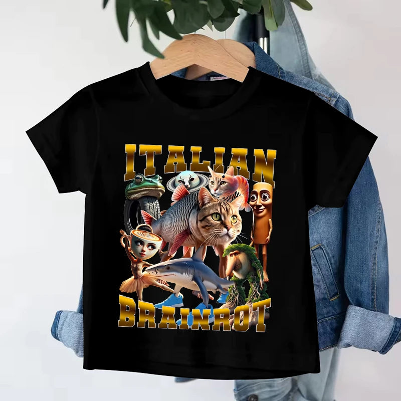 Italian Brainrot Kids Cotton T-shirt Tung Tung Tung Sahur Tee Tralalero Tralala Summer Clothes Funny Meme Children Cute Top Gift