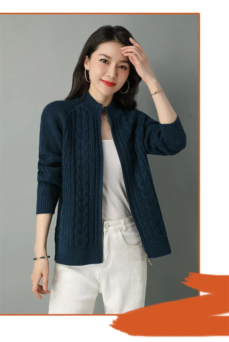 2025 Half High Collar Zipper Knitted Cardigan Jacket Women fall New korean Style long Sleeve Cardigans Thicken Sweater Coat
