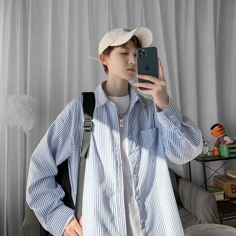 Japanese striped long-sleeved shirt boys simple trend literary fan lining clothes spring and autumn casual coat couple...