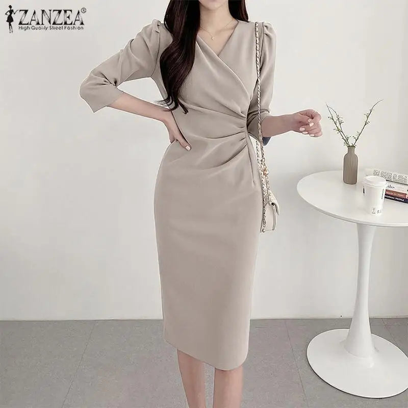 ZANZEA Summer Fashion Womens Dress Sexy Solid Color Knee Length Bodycon Sundress Elegant 3/4 Sleeve V-Neck Work OL Vestidos 2025