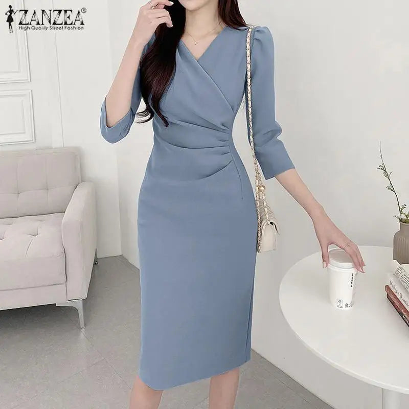 ZANZEA Summer Fashion Womens Dress Sexy Solid Color Knee Length Bodycon Sundress Elegant 3/4 Sleeve V-Neck Work OL Vestidos 2025