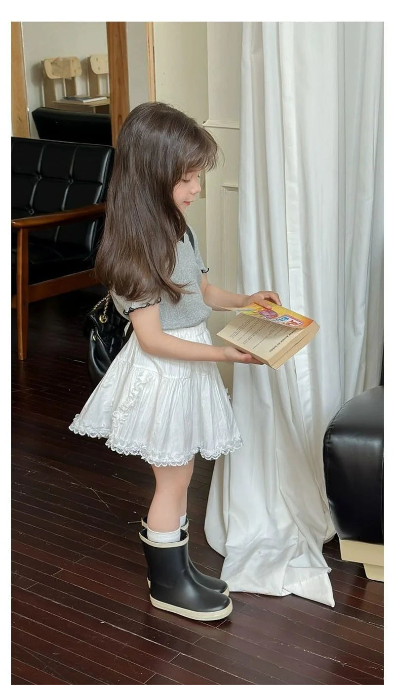 Girl Baby Thin Knit Ruffle Lace Short Sleeve T-shirts 2025 Summer New Girls Kids Bow Tops Sweet Cute Student Children Clothing