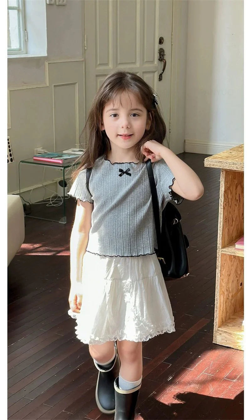 Girl Baby Thin Knit Ruffle Lace Short Sleeve T-shirts 2025 Summer New Girls Kids Bow Tops Sweet Cute Student Children Clothing