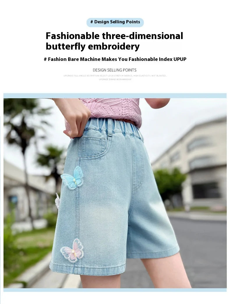 Girls summer style nailed side butterfly denim shorts thin 2025 new fashion denim hot pants casual sports shorts suitable for