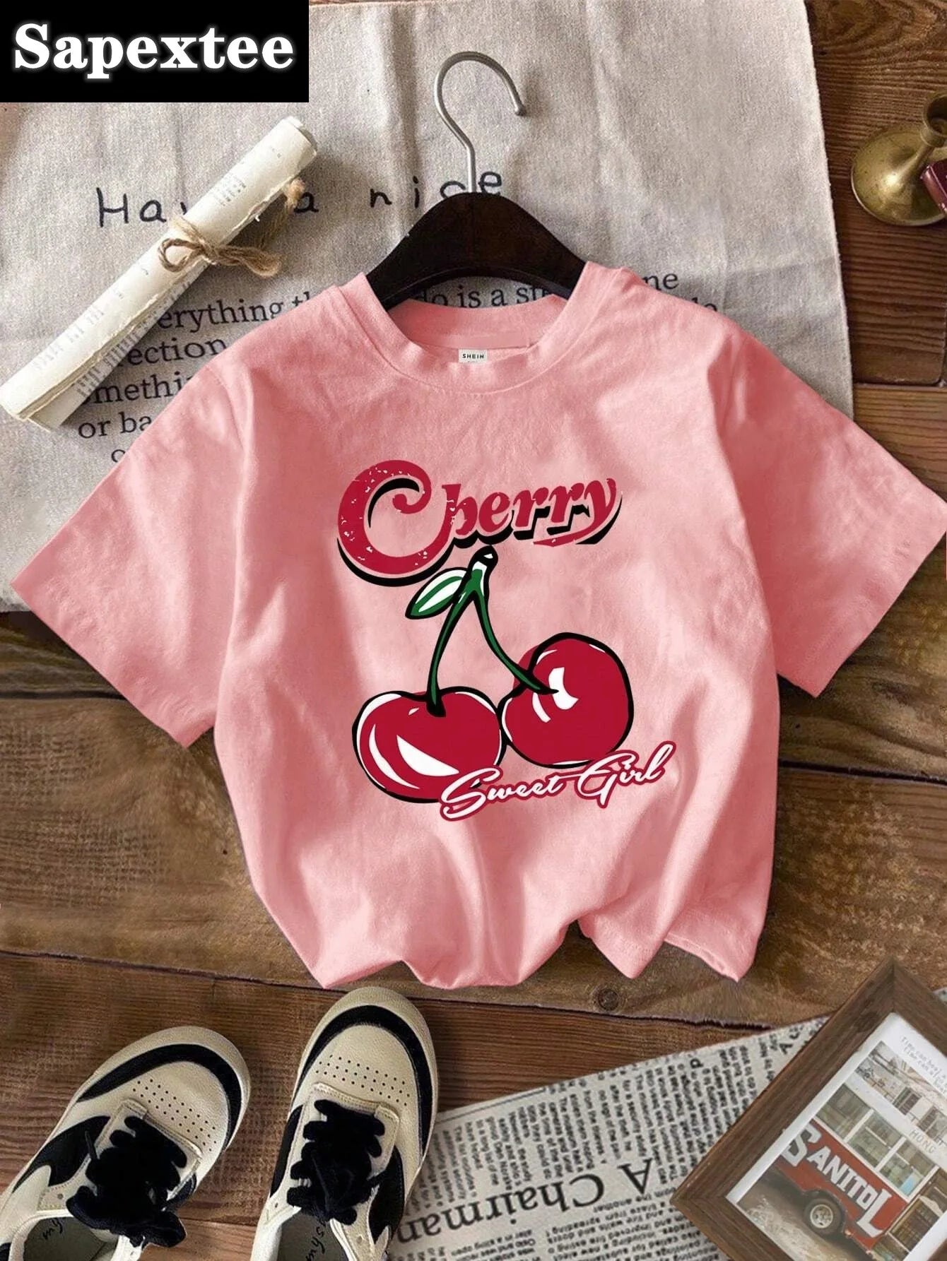 Korean Style Simple Fruit Cherry Print Cotton T Shirt For Kids Adults Trendy Street Harajuku Tees Daily Girls Summer Sweatshirts