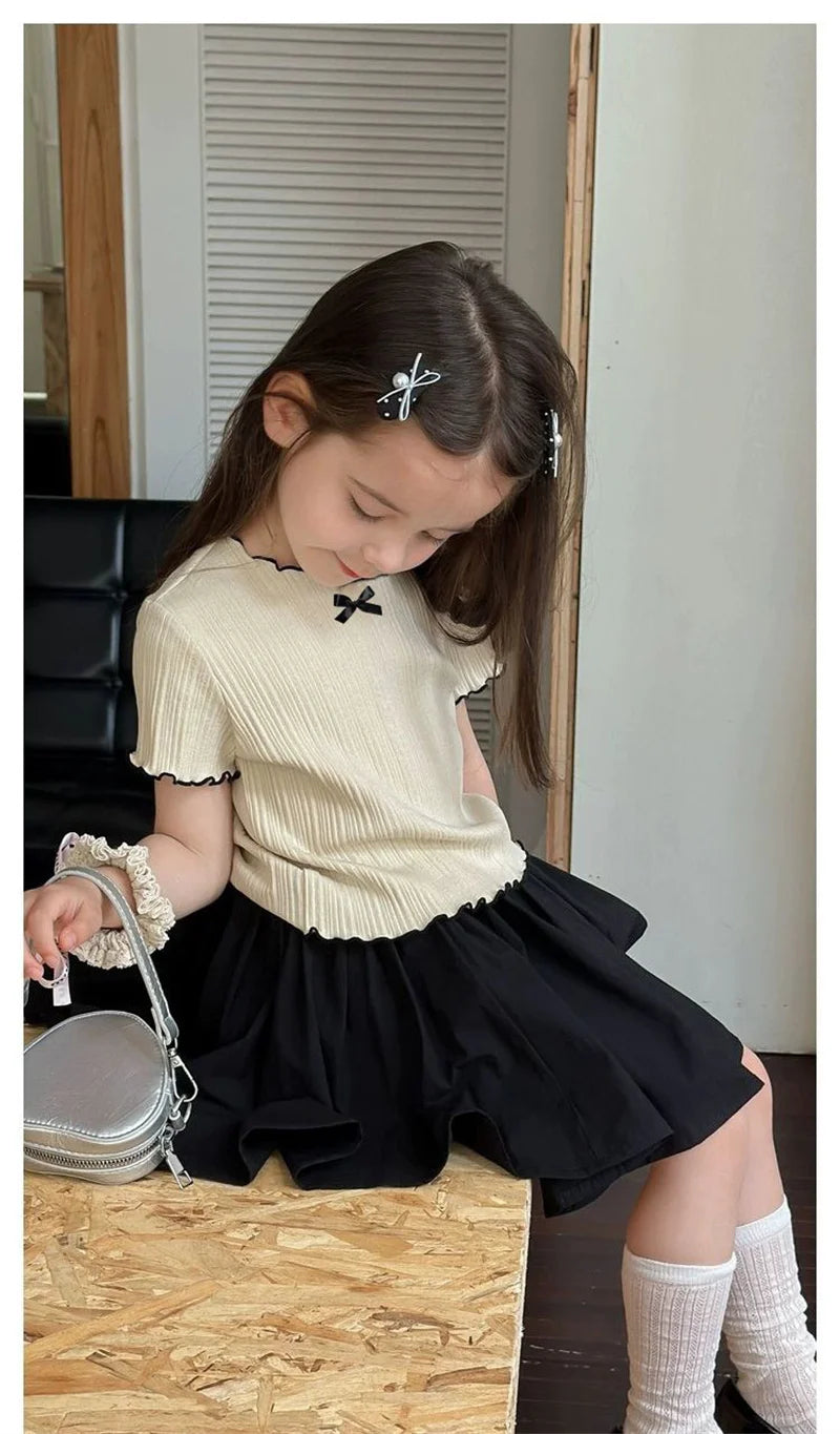 Girl Baby Thin Knit Ruffle Lace Short Sleeve T-shirts 2025 Summer New Girls Kids Bow Tops Sweet Cute Student Children Clothing