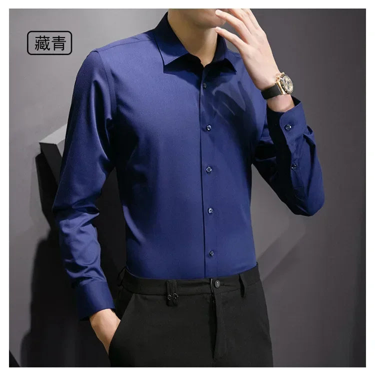New Plus Size 8XL Men Solid Color Business Shirt Long Sleeve Shirt Fashion Classic Basic Casual Slim White Spring Autumn