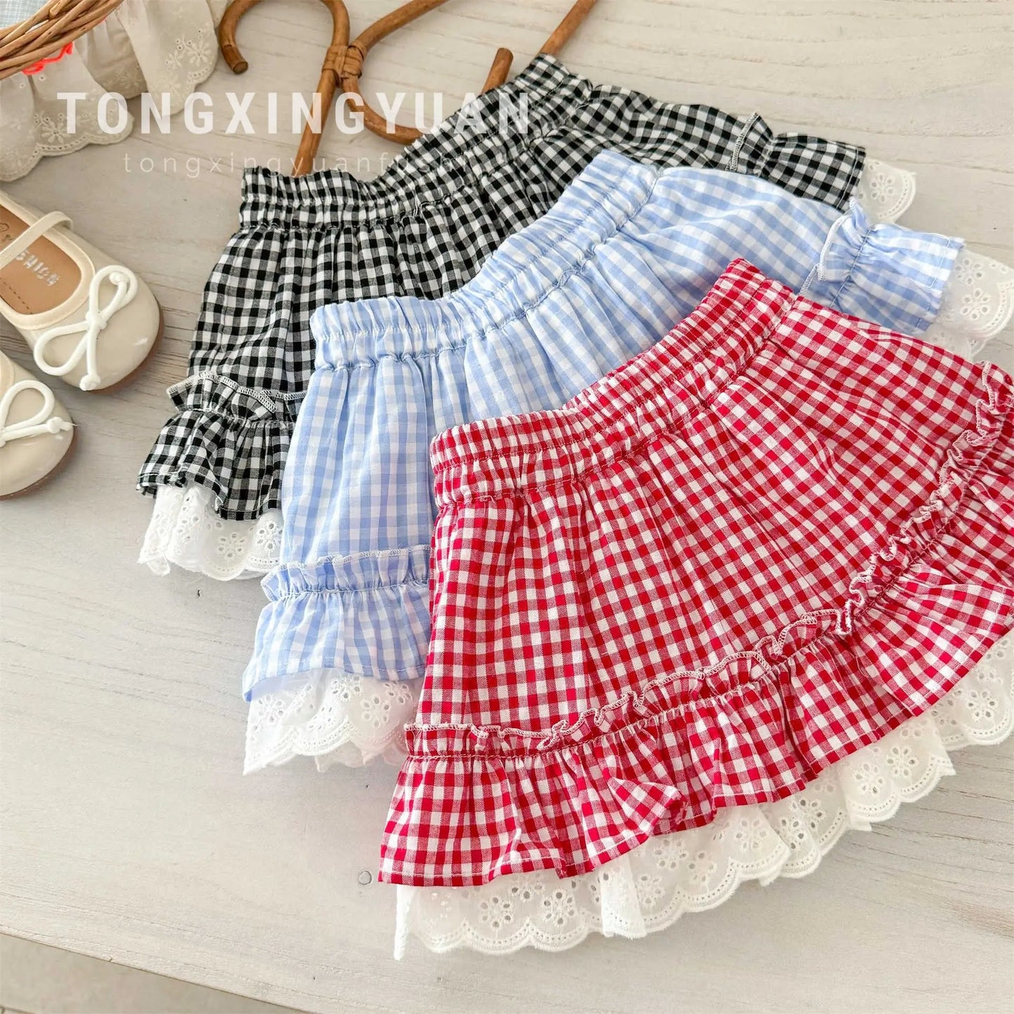 Korean Childrens Girls Short Skirt Summer Stylish Beautiful Plaid Kids Girls Half Skirt Lace Ruched Toddler Girls Cake Skirts