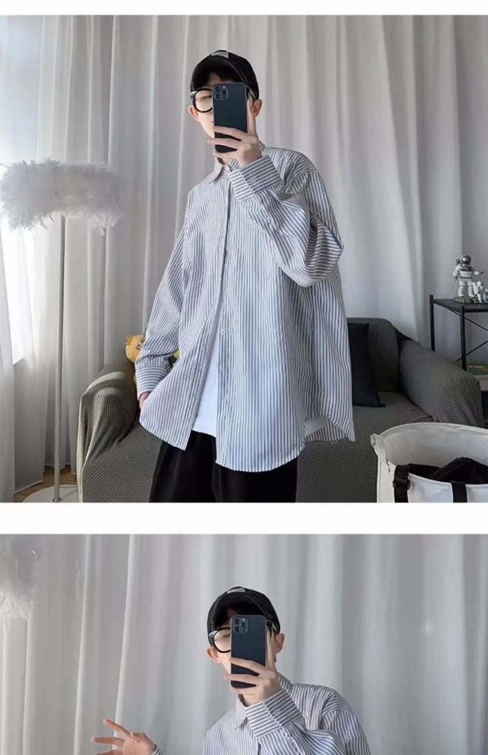 Japanese striped long-sleeved shirt boys simple trend literary fan lining clothes spring and autumn casual coat couple...
