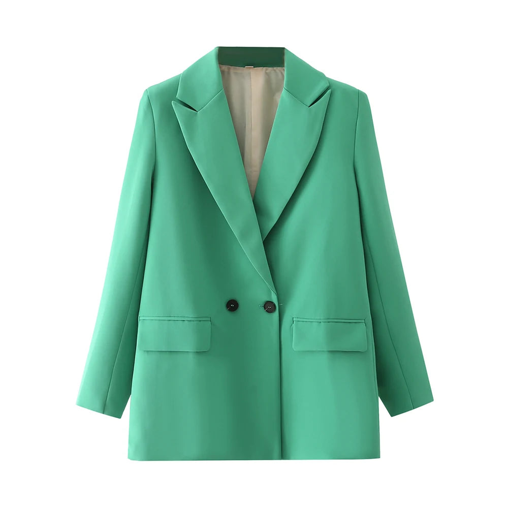 TRZA Women Chic Office Lady Double Breasted Blazer Vintage Coat Fashion Notched Collar Long Sleeve Ladies Outerwear Stylish Tops