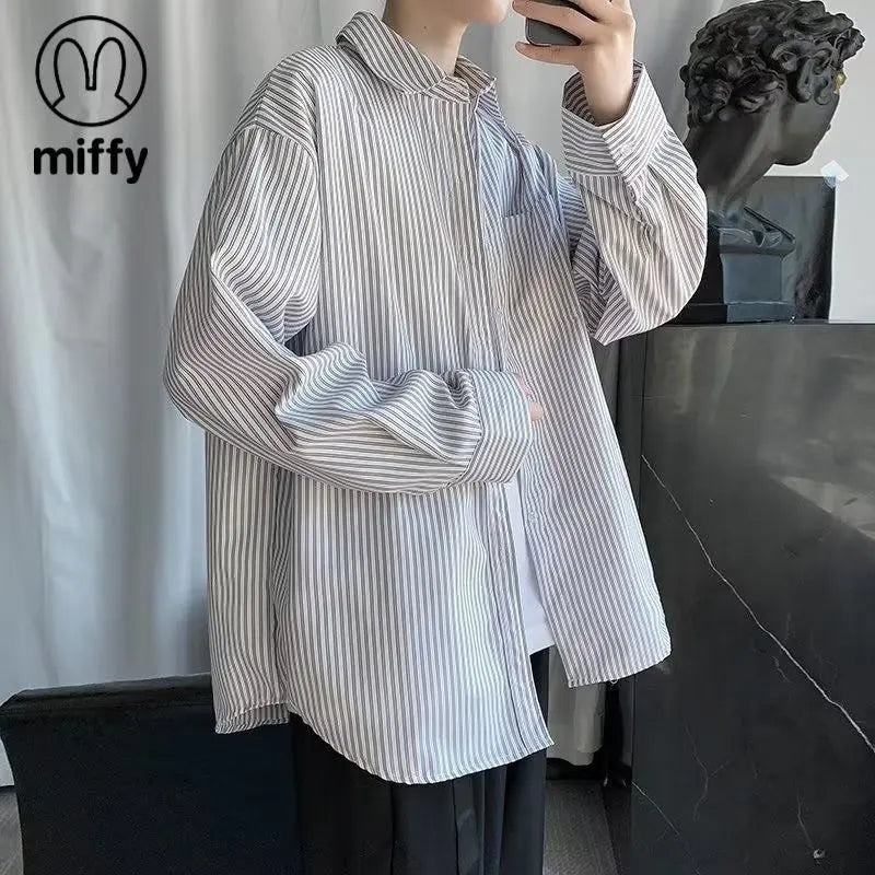 Japanese striped long-sleeved shirt boys simple trend literary fan lining clothes spring and autumn casual coat couple...