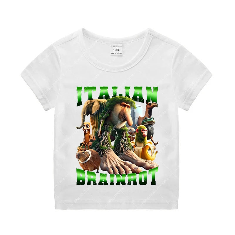 Italian Brainrot Kids Cotton T-shirt Tung Tung Tung Sahur Tee Tralalero Tralala Summer Clothes Funny Meme Children Cute Top Gift