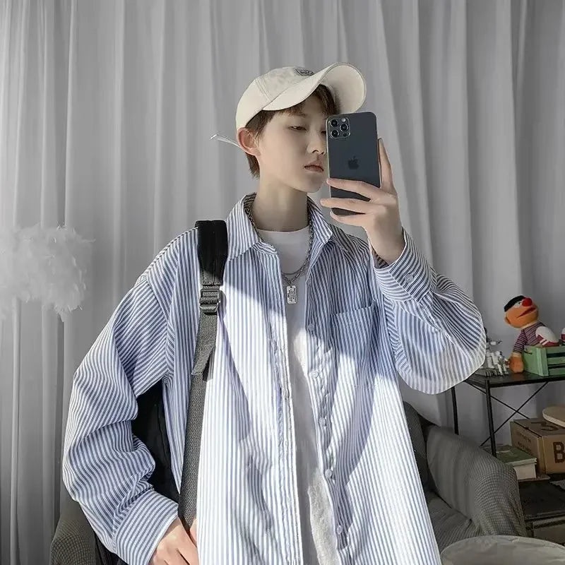 Japanese striped long-sleeved shirt boys simple trend literary fan lining clothes spring and autumn casual coat couple...
