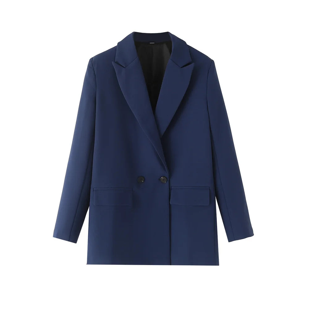 TRZA Women Chic Office Lady Double Breasted Blazer Vintage Coat Fashion Notched Collar Long Sleeve Ladies Outerwear Stylish Tops