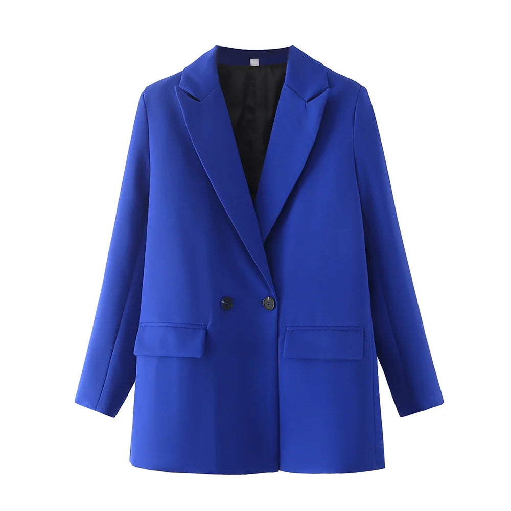 TRZA Women Chic Office Lady Double Breasted Blazer Vintage Coat Fashion Notched Collar Long Sleeve Ladies Outerwear Stylish Tops